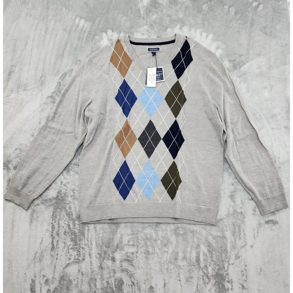 NEW Club Room Sweater Mens XXL Heather Gray‎ Argyle Merino Wool Blend V-Neck